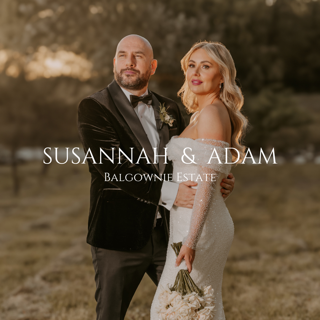 Couple poses at sunset in formal attire at Balgownie Estate.