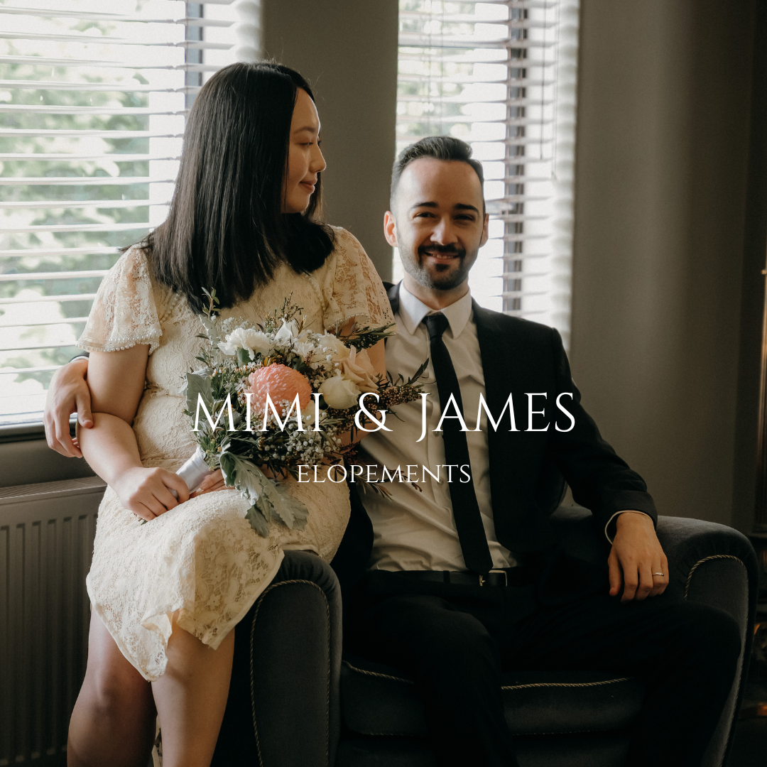 Elegant black and white elopement photography showing intimate moments between a couple in an indoor setting.