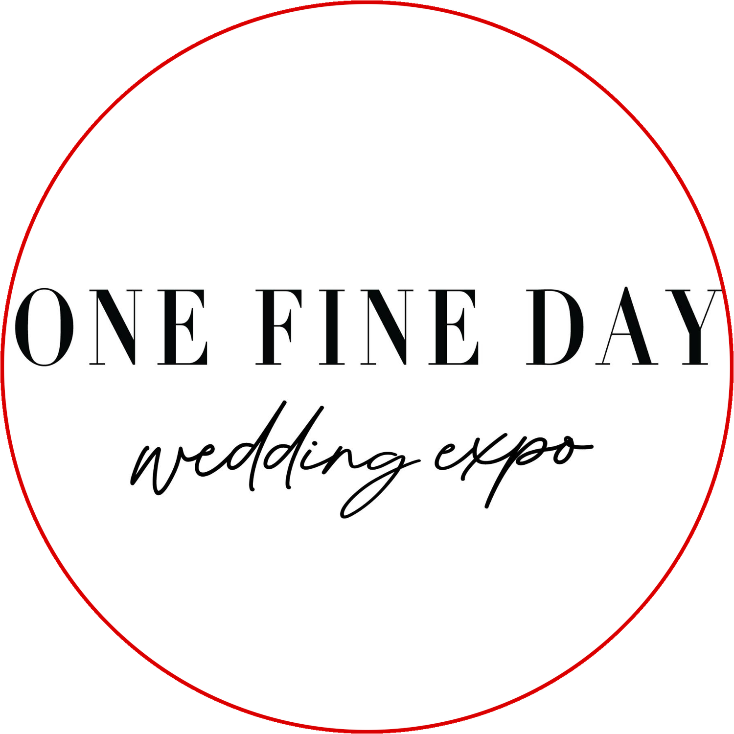 Black text logo for 'One Fine Day' wedding expo with red circular design elements.