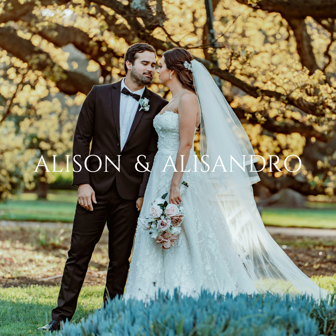 Couple in wedding attire pose under golden autumn trees with flowing veil.