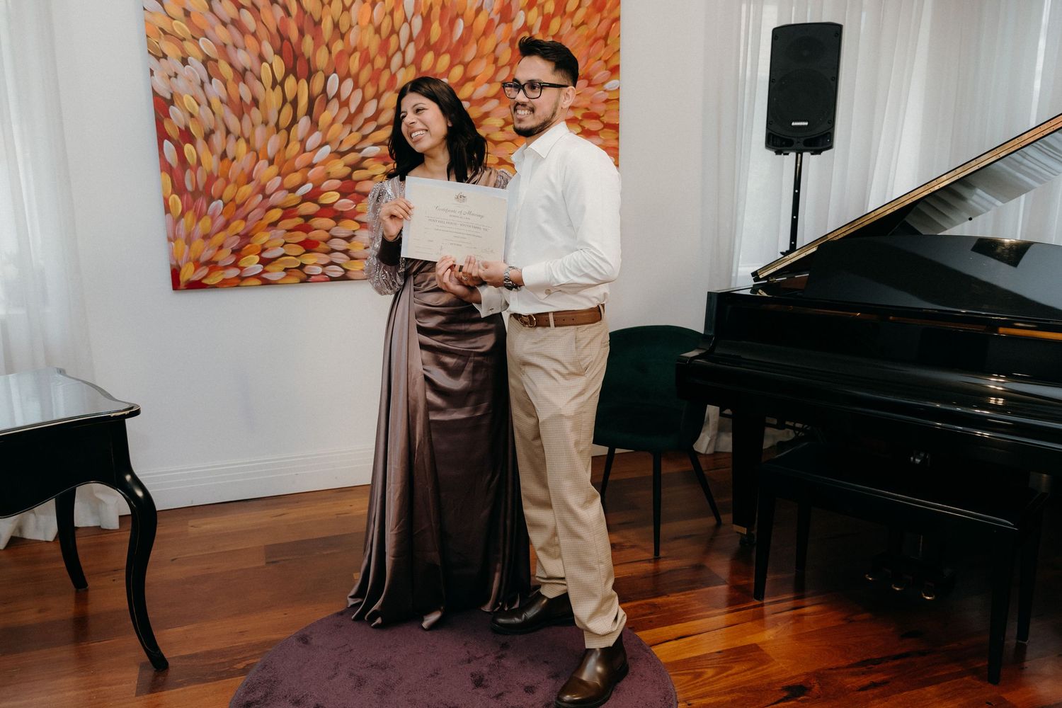 A series of five connected images showing musicians performing in a white-walled room with a grand piano.