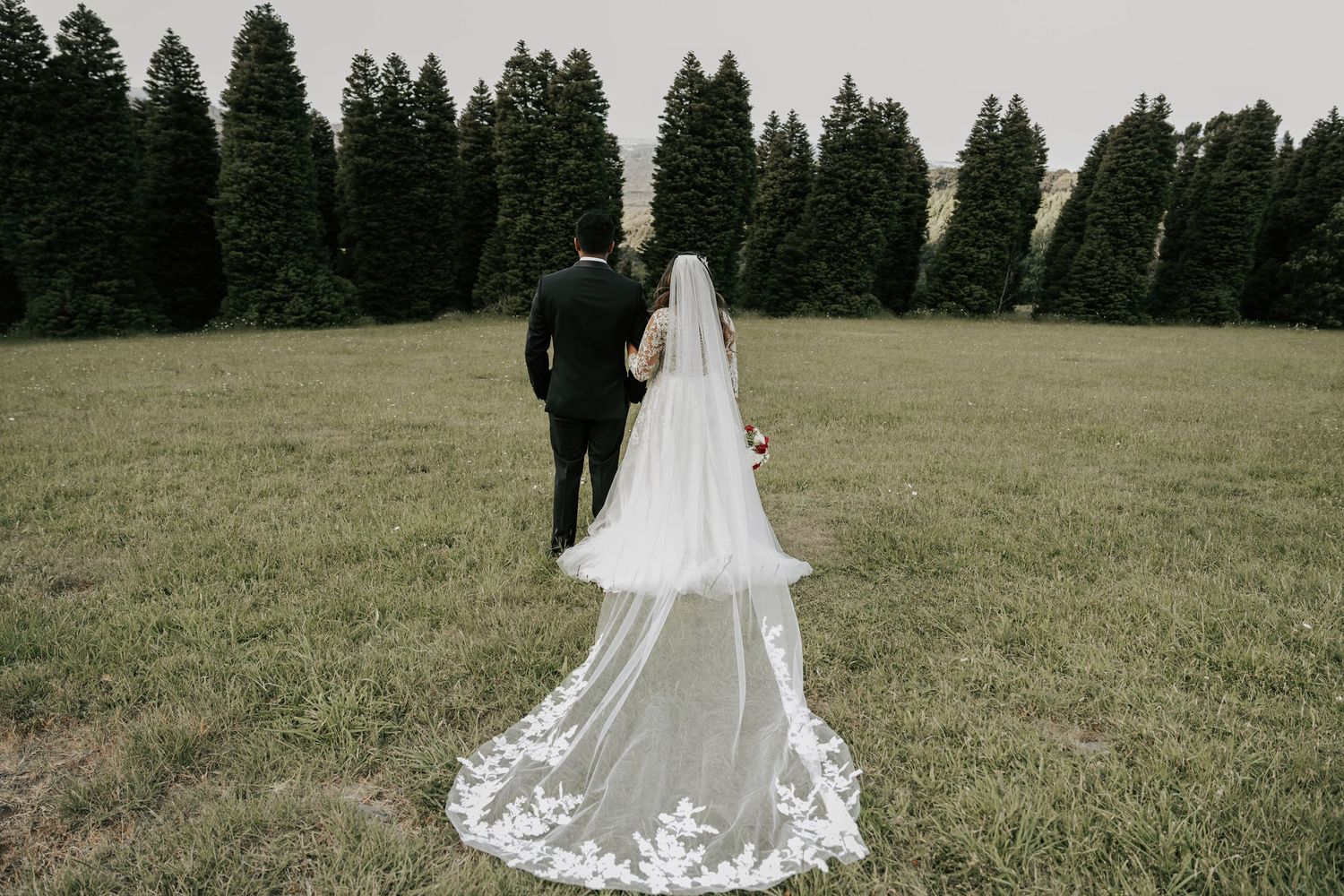 A bride in a flowing white gown with elegant lace trim stands in a lush green field with evergreen trees in the background.