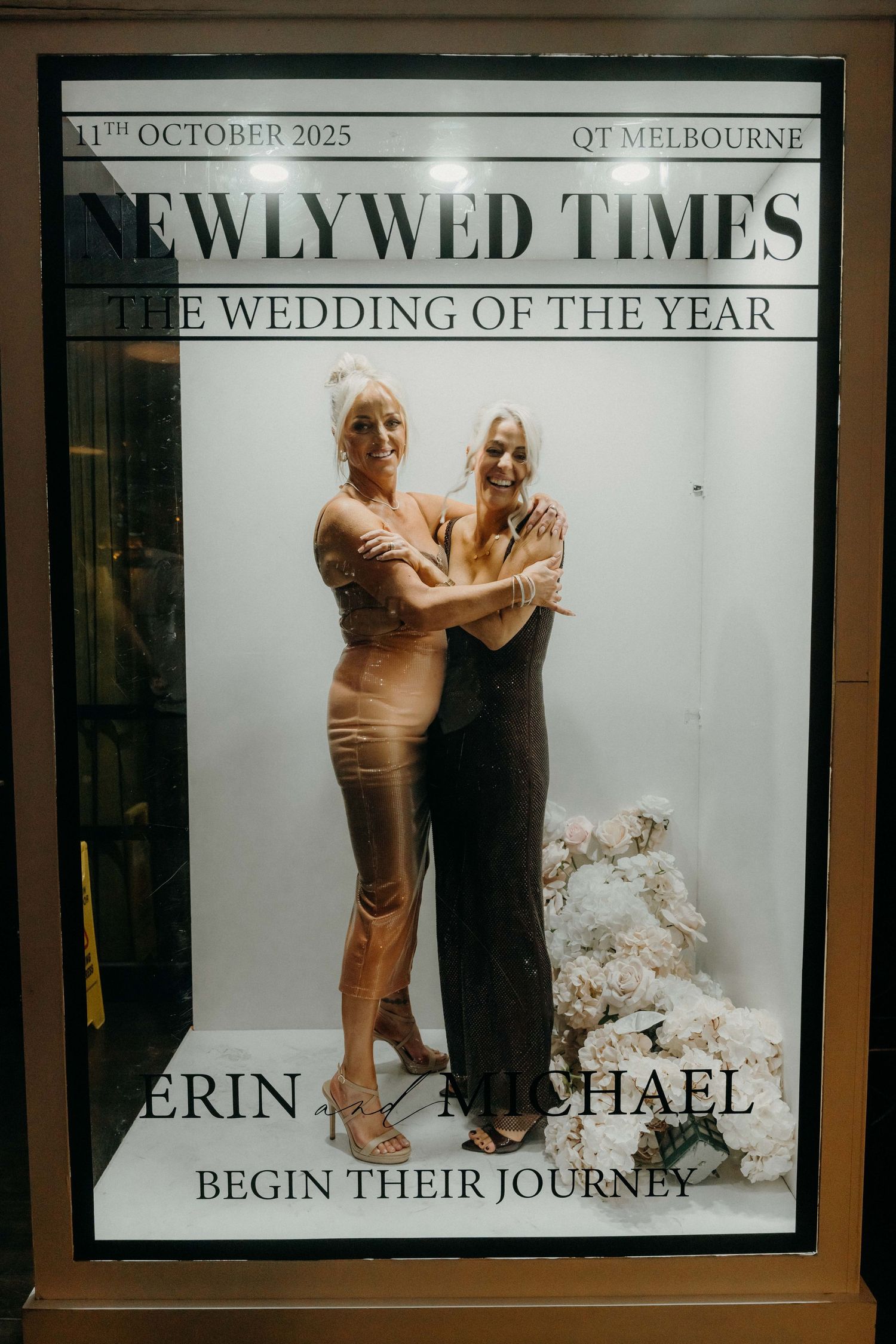 A series of wedding announcement photos displayed in frames showing a couple posing together in black and white style.