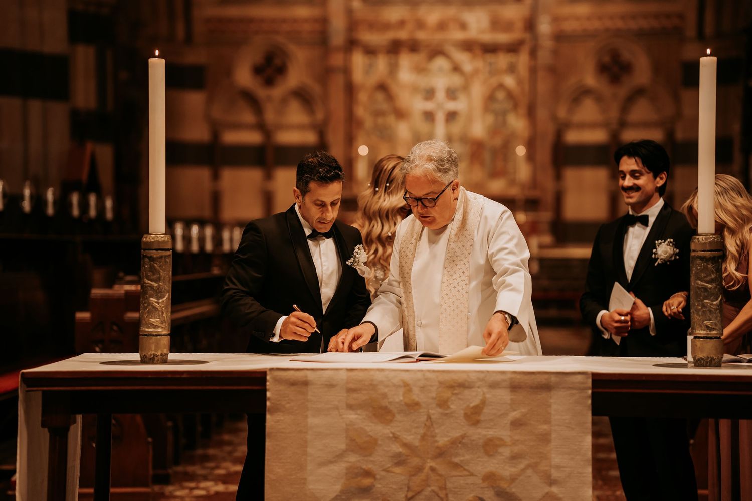 A wedding ceremony scene in a church with warm lighting and wooden pews.