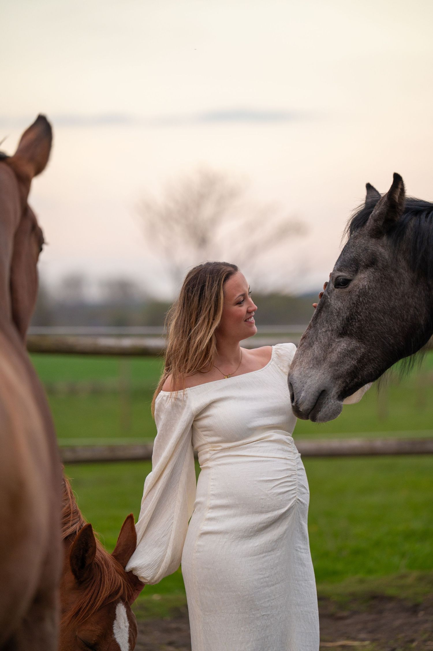 Pregnant woman in white off-shoulder gown stands between two horses at sunset on a green farm.