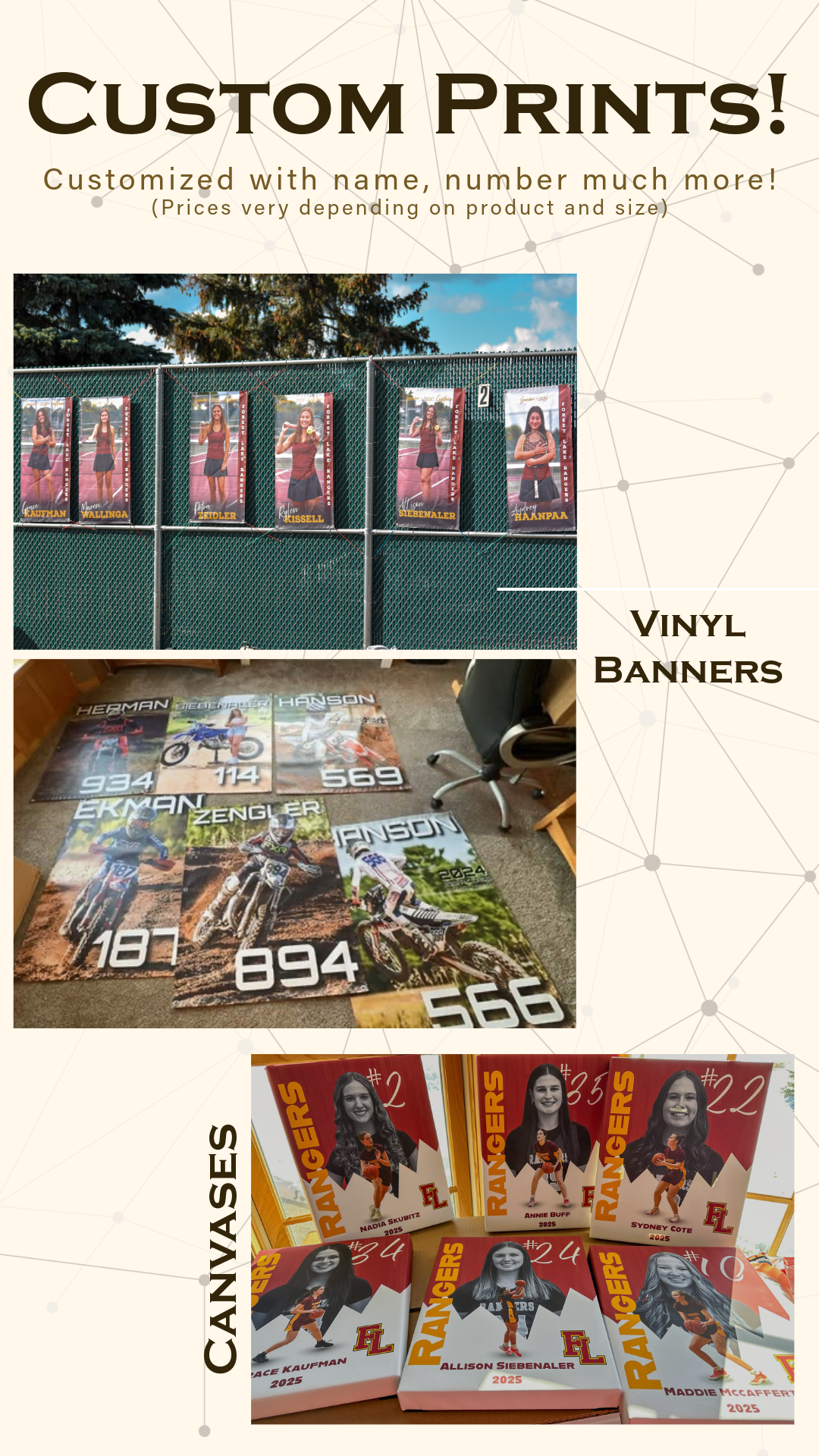 Custom prints and vinyl banners displayed with sports photography and jersey numbers.