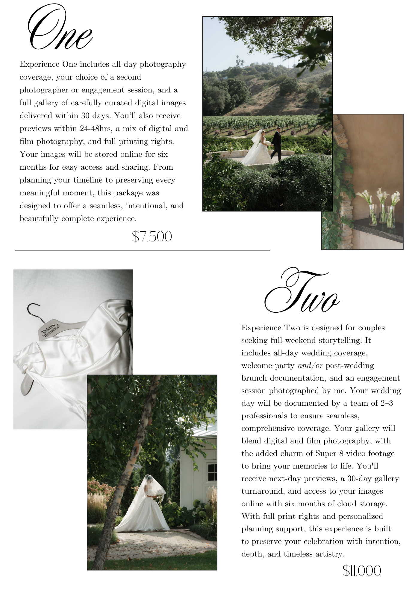 Wedding photography pricing guide showing two packages with elegant script text, floral details, and romantic outdoor ceremony photos.