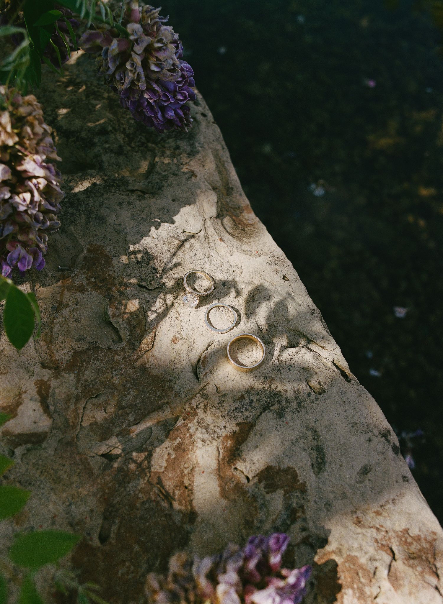 Three gold wedding rings resting on a weathered stone surface with purple wisteria flowers beside a tranquil pond.