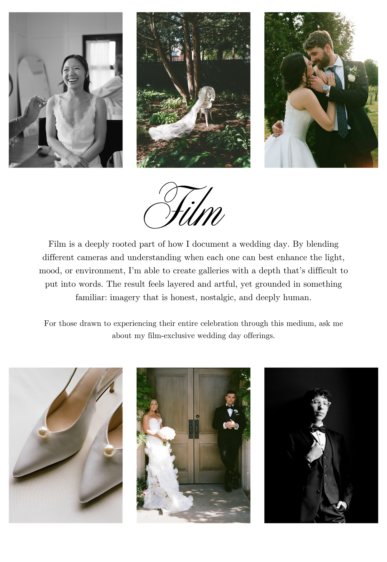 Film wedding photography collage featuring bride getting ready, couple embracing outdoors, bridal shoes, and elegant reception moments.