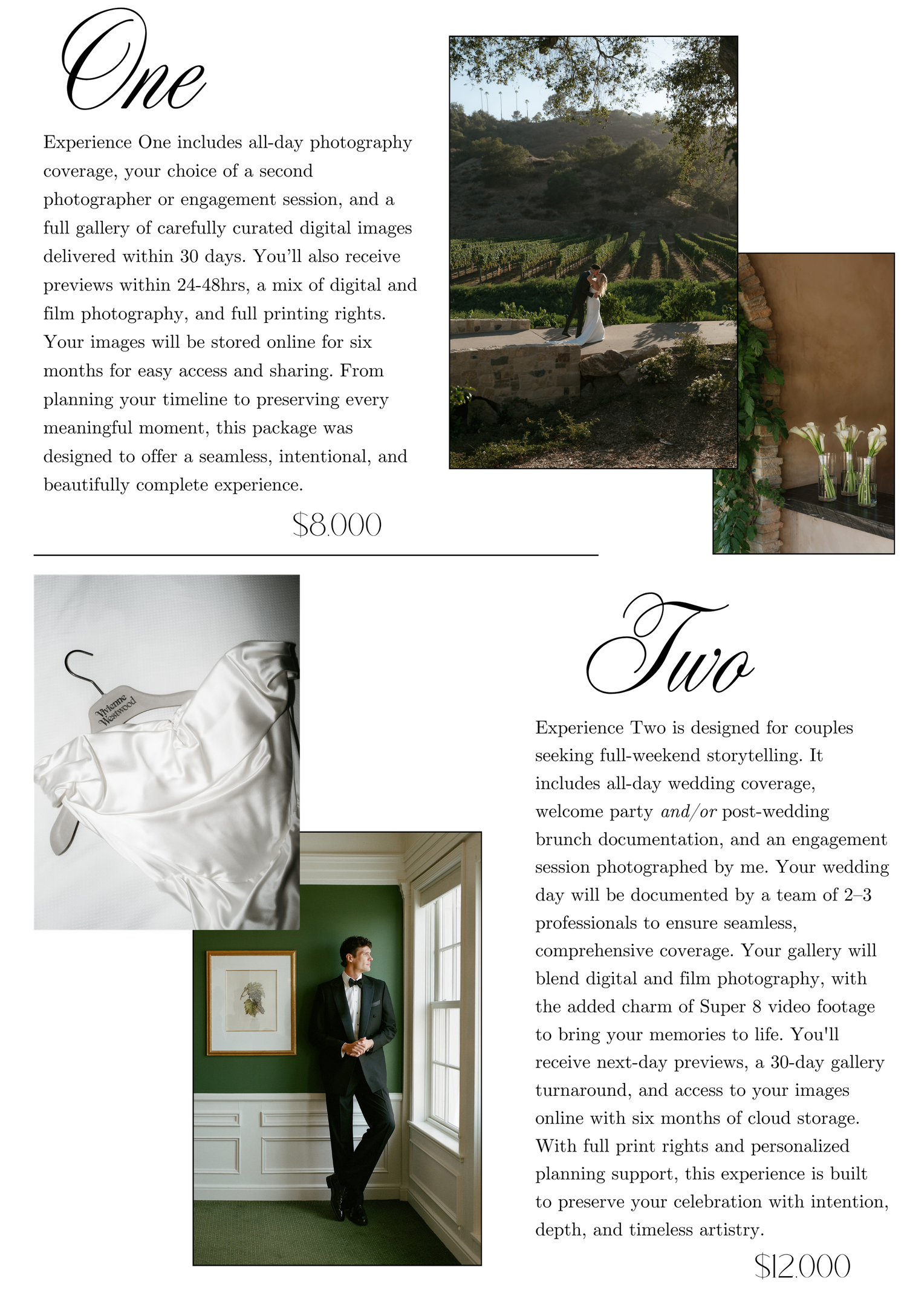 Elegant wedding photography pricing packages displayed with romantic couple portraits and bridal details on a clean white layout.