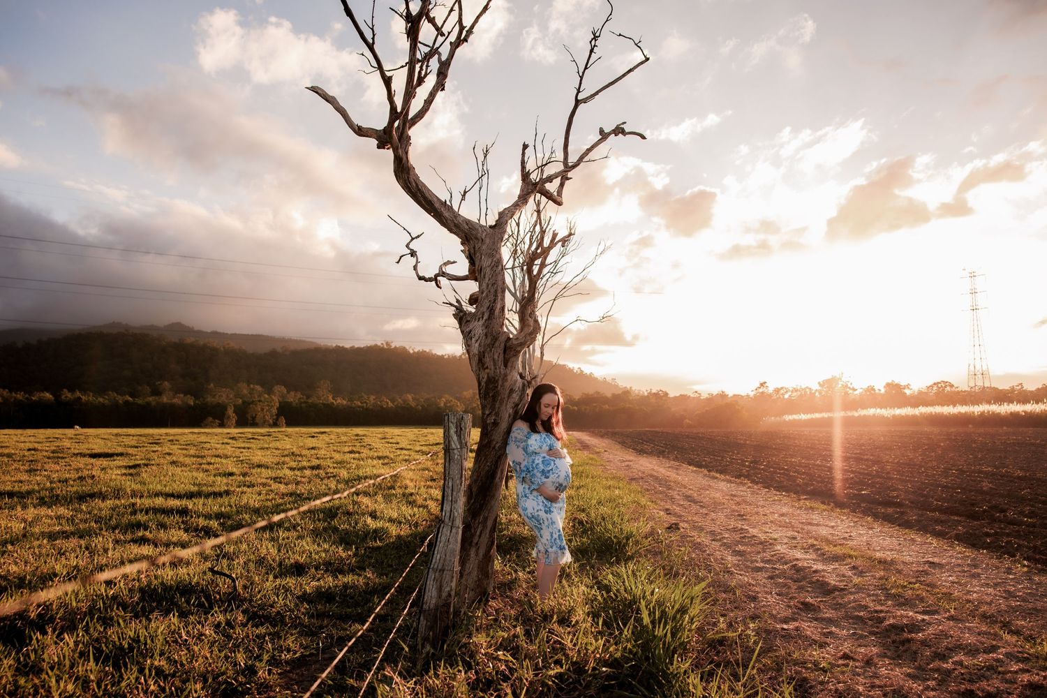 A person stands by a bare tree at sunset in a rural field with golden light and dramatic sky.