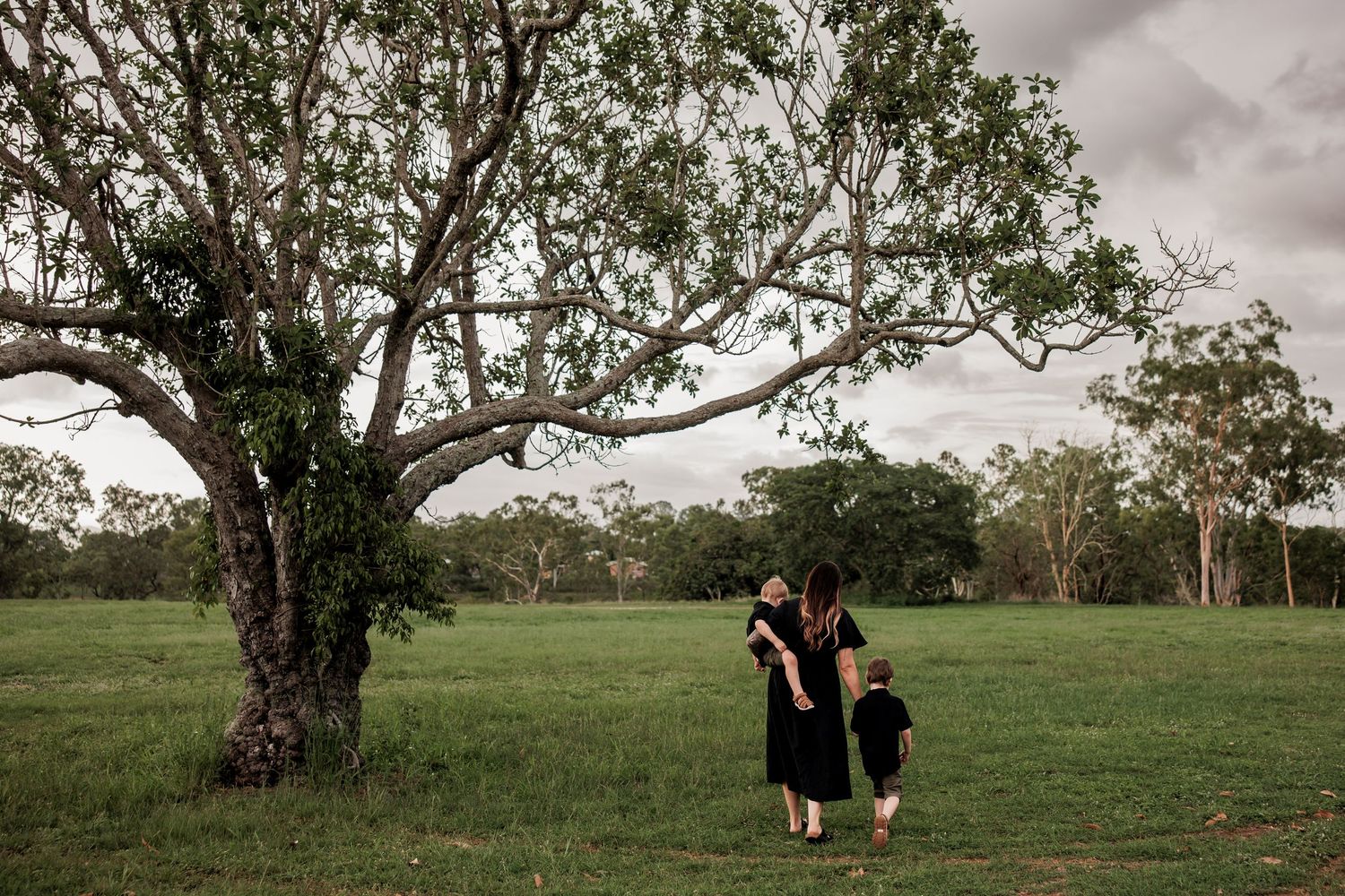 A series of photos showing a couple walking through a grassy field with trees at sunset.