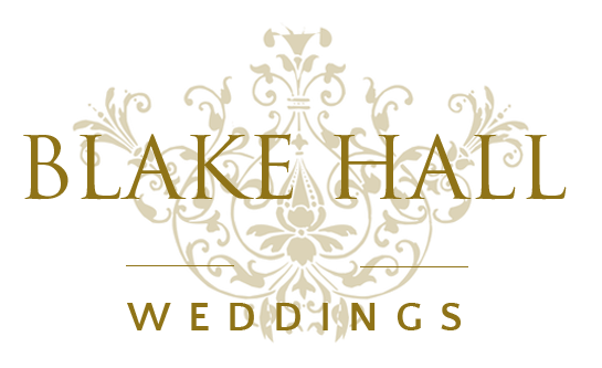 Gold ornate vintage design elements and borders frame elegant Blake Hall Weddings branding text on ivory background.