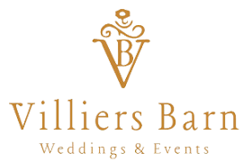 Elegant golden Villiers Barn wedding and events venue logo with ornate decorative flourishes on white background.