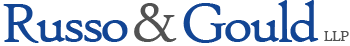 Russo & Gould LLP law firm logo in dark blue serif font on white background.