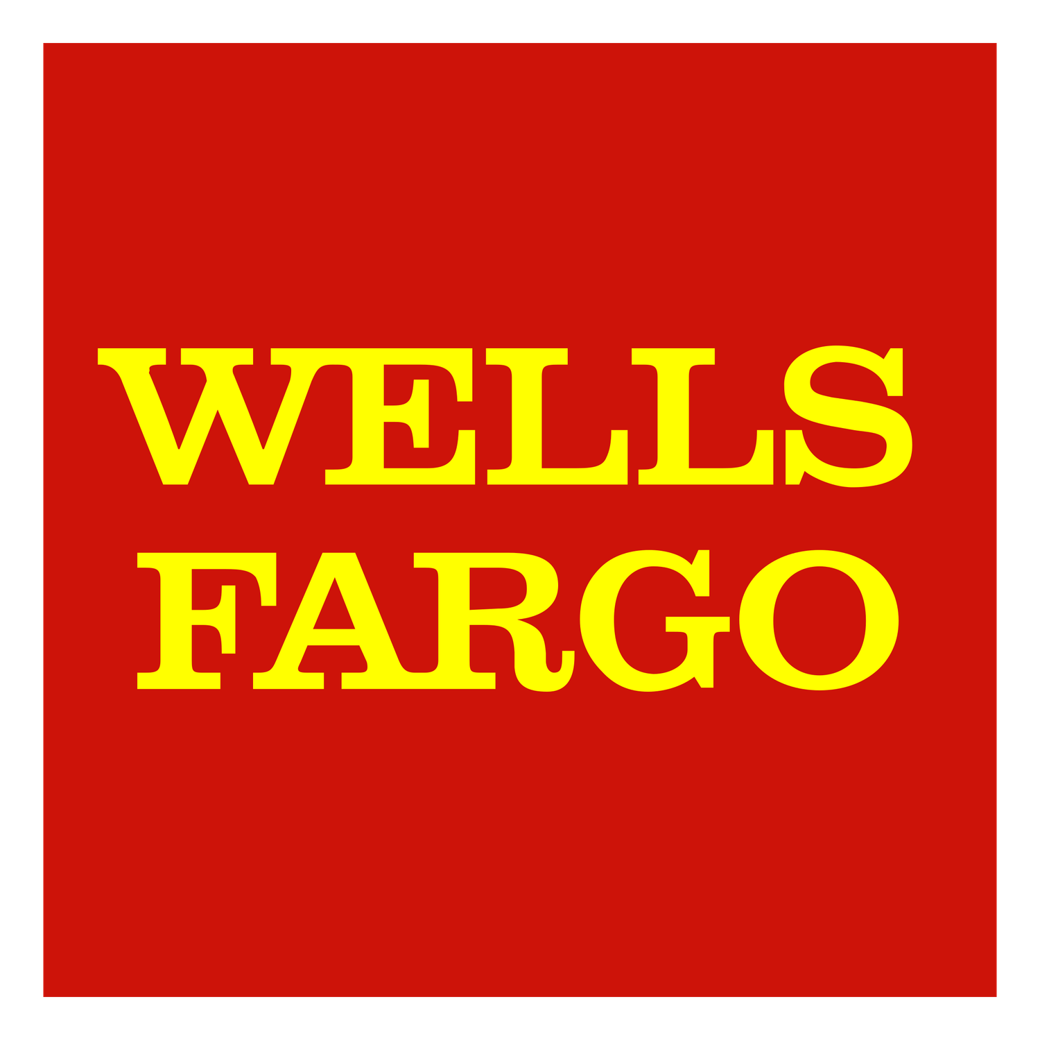 Wells Fargo bank logo featuring bold yellow text on a vibrant red square background.