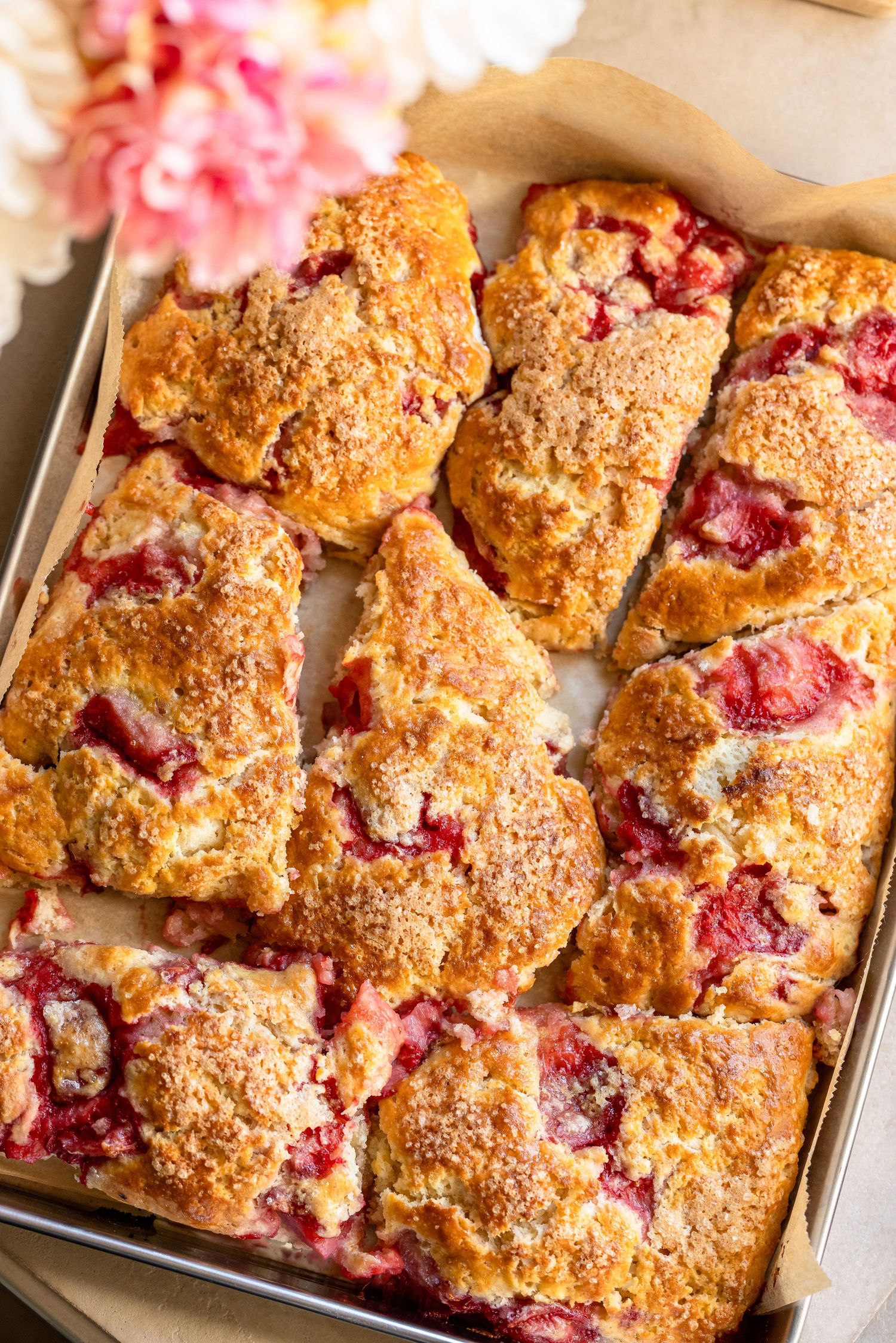 Freshly baked strawberry scones with golden crust in a parchment-lined pan, topped with sugar crumble and pink flowers nearby.