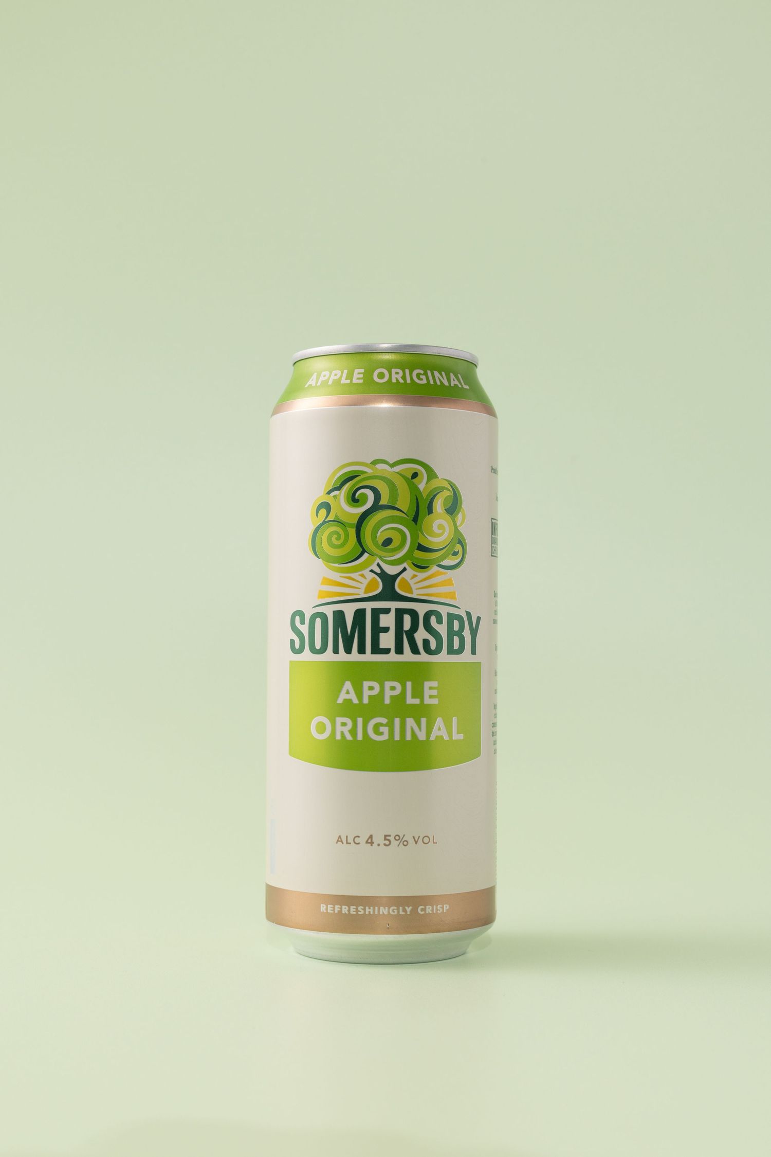 Four Somersby apple cider cans displayed against a pale green background showing different angles of the product packaging.
