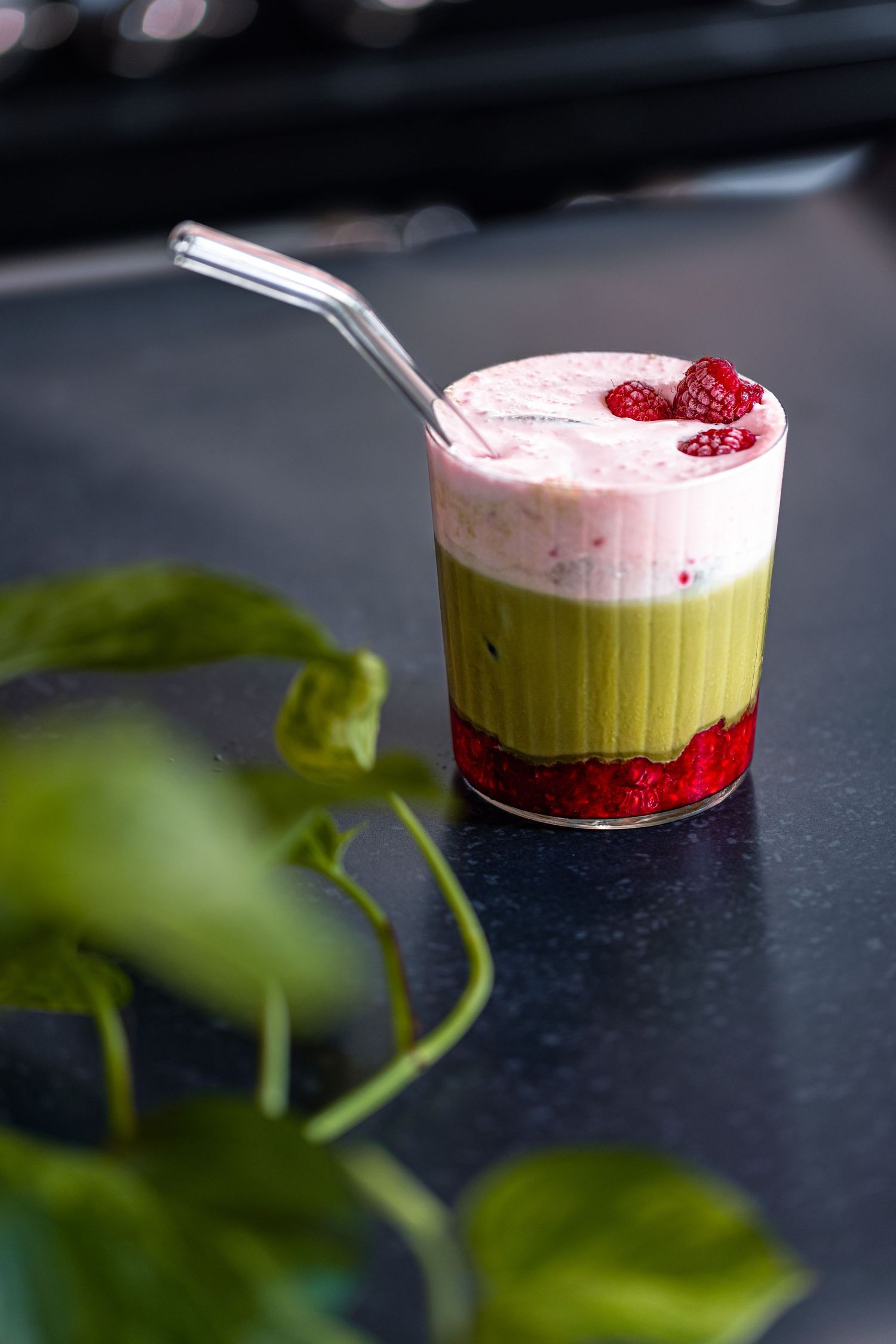 Raspberries Iced Matcha Latte
