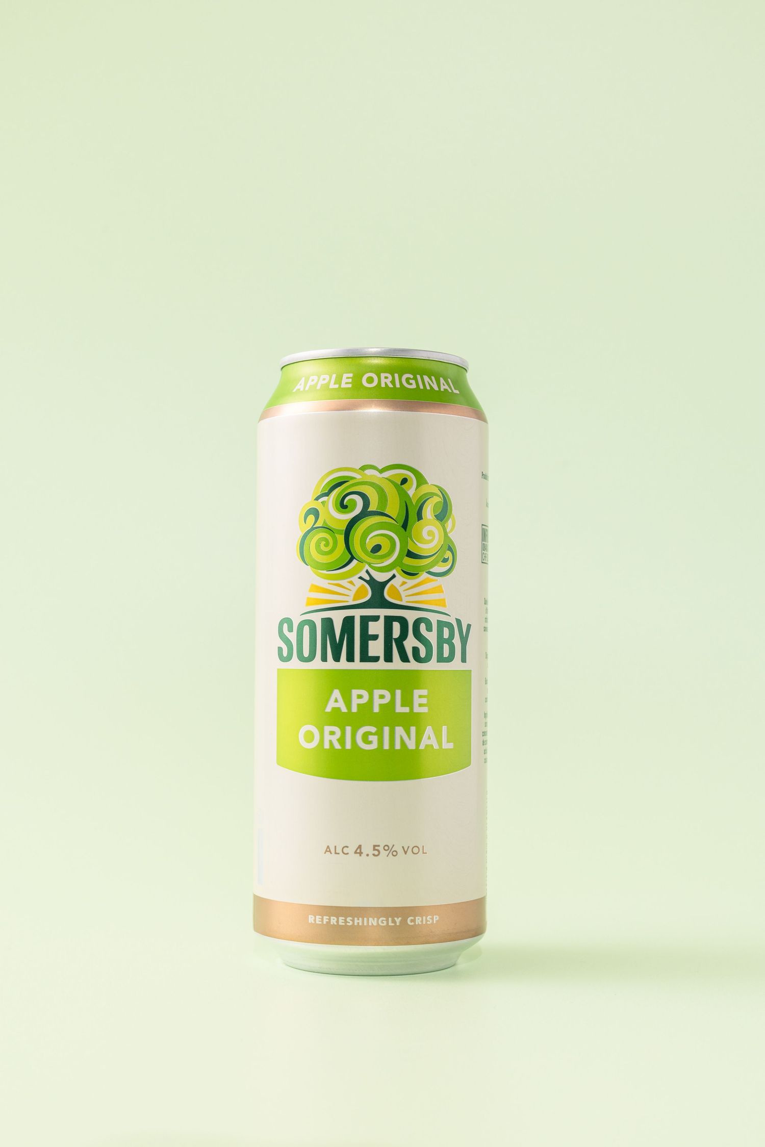 Three minimalist product shots of Somersby Apple Original cider cans against a light green background.