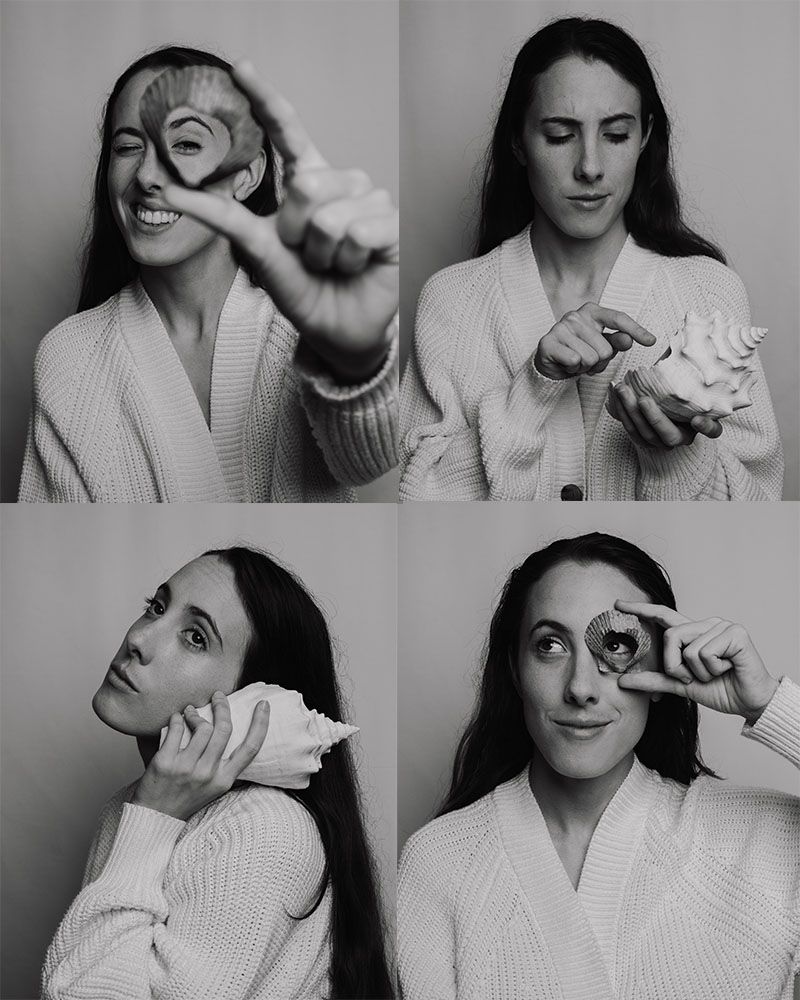 Black and white collage showing someone in a white sweater making various emotional expressions and gestures.