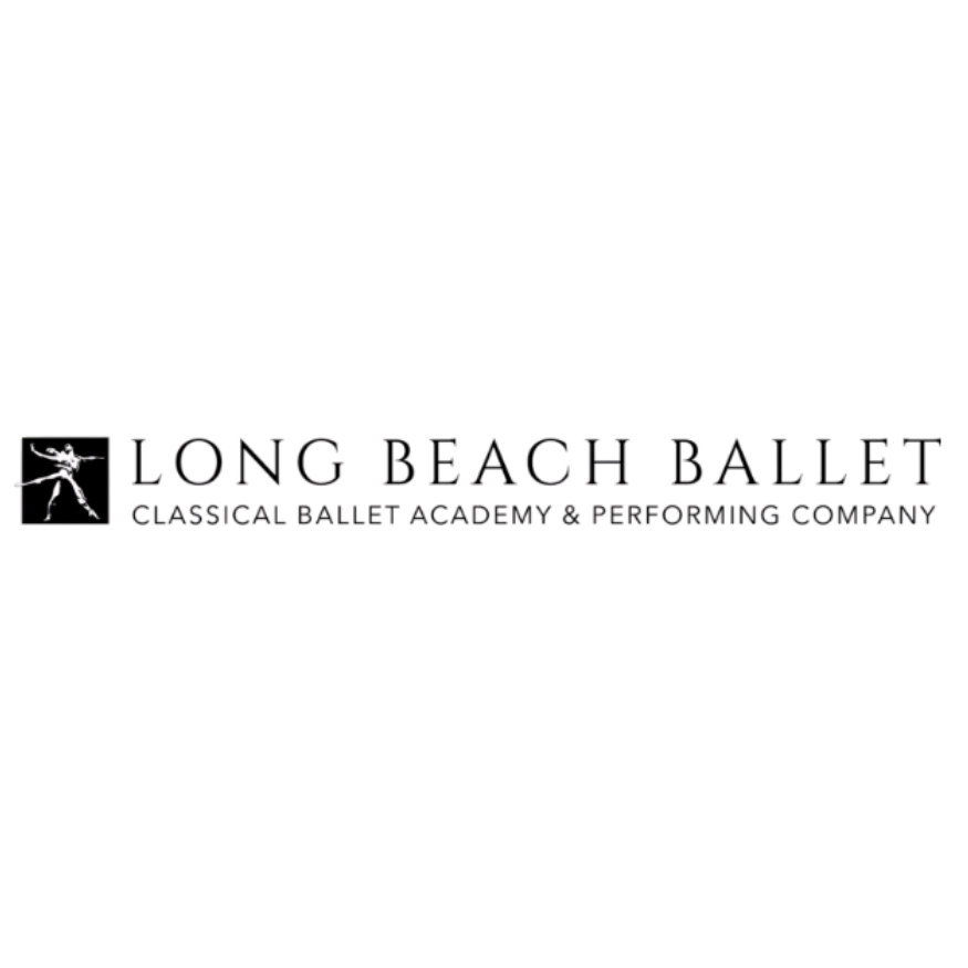 A ballet dancer in a flowing white tutu performs an elegant pose against a dark background with Long Beach Ballet logo.
