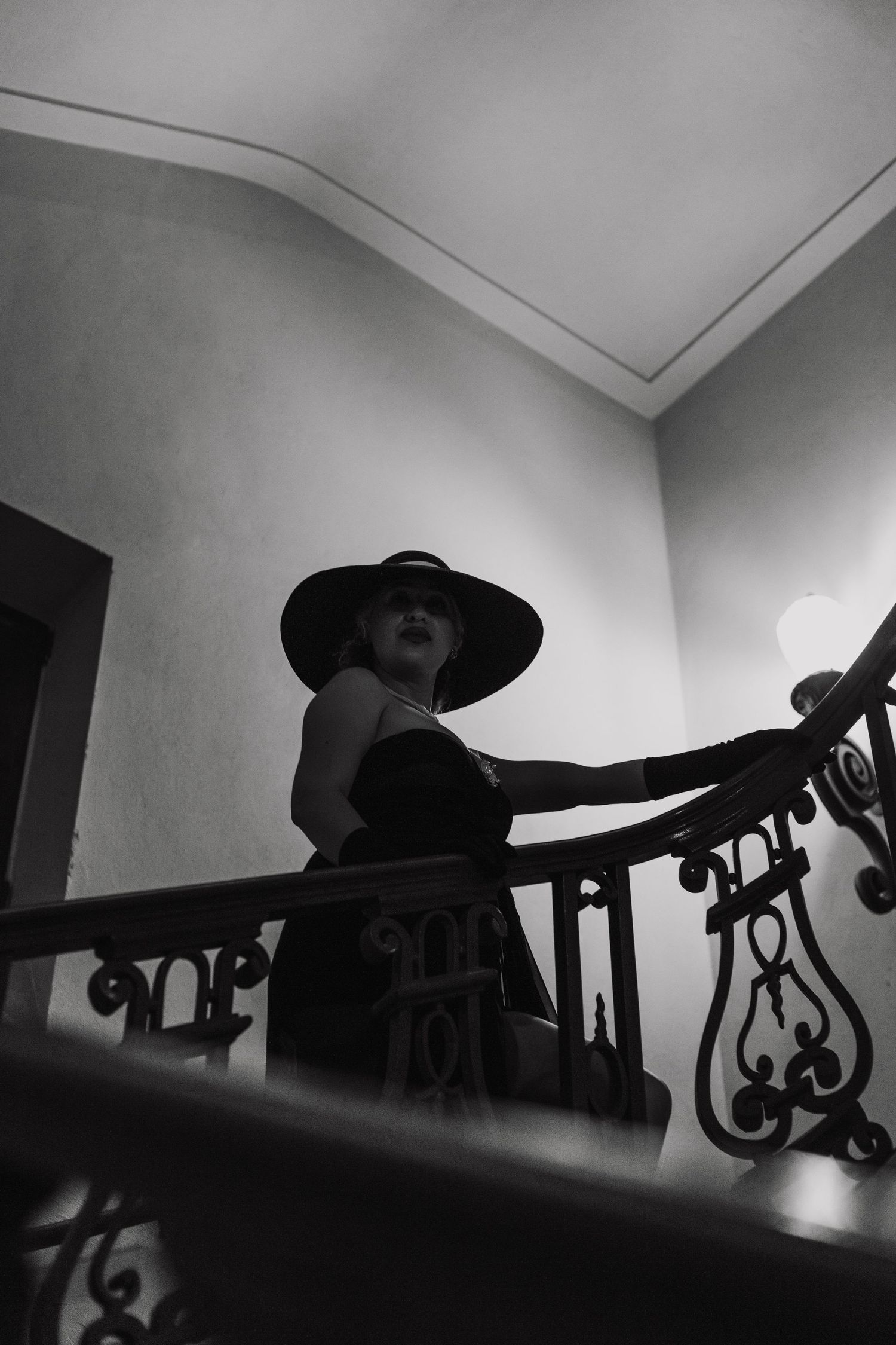 Artistic black and white silhouettes against ornate railing in dramatic lighting.