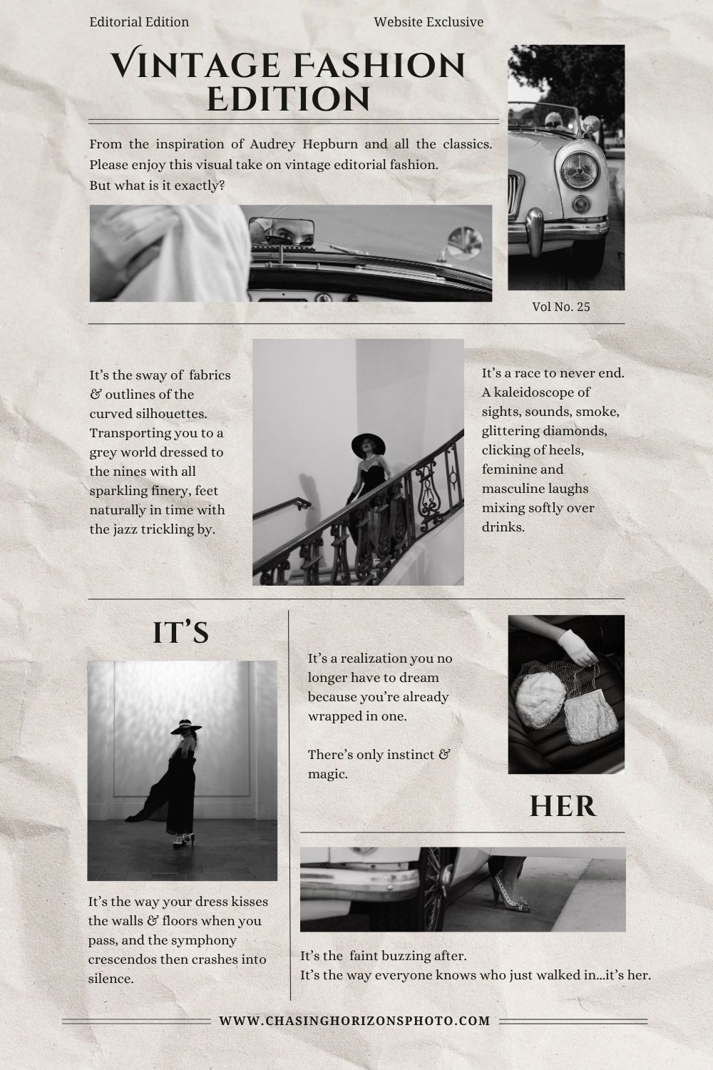 Vintage black and white fashion editorial collage featuring elegant women in classic 1950s style clothing and accessories.