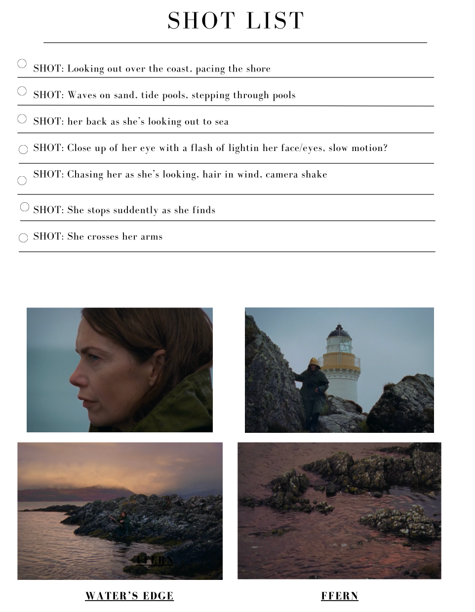 A film shot list document showing coastal photography locations with moody images of a woman, lighthouse, and rocky shoreline at dusk.
