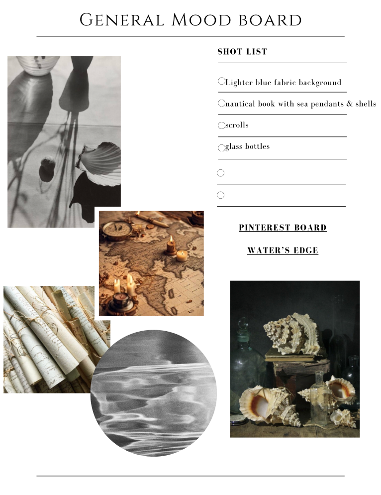 Nautical mood board with seashells, vintage maps, scrolls, candles, and ocean waves in muted tones.