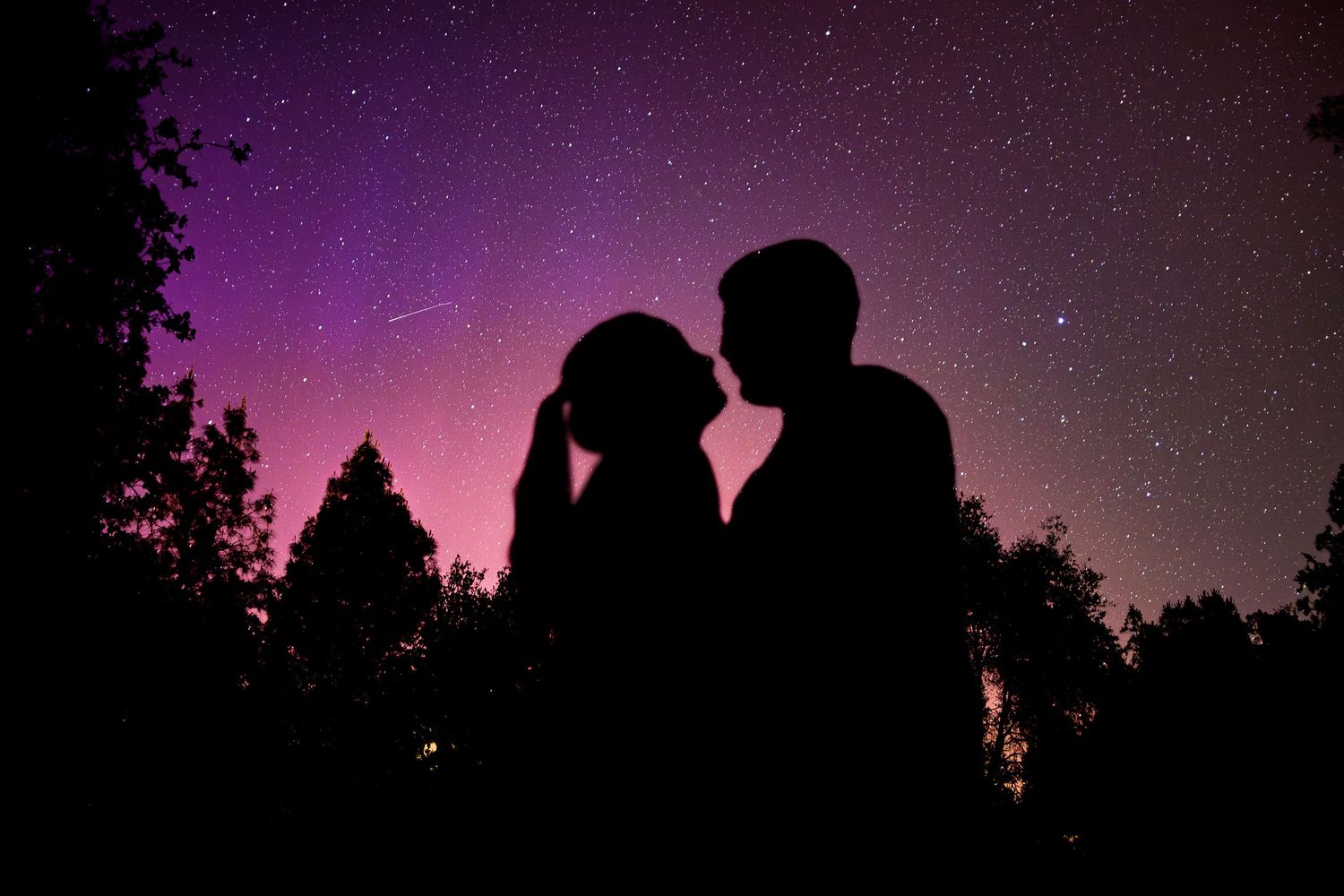 Silhouettes of figures stand against a vibrant purple twilight sky with stars creating a romantic celestial scene.
