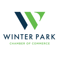 The Winter Park Chamber of Commerce logo featuring navy blue and green text with a leaf design element.