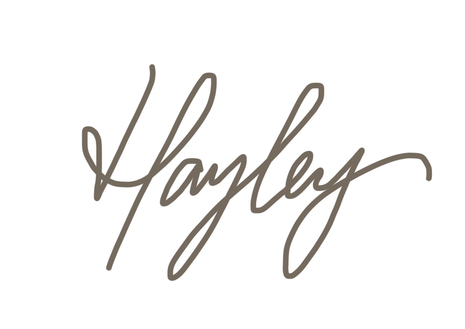 Elegant cursive handwritten signature of the name Hayley in warm taupe ink on white background.