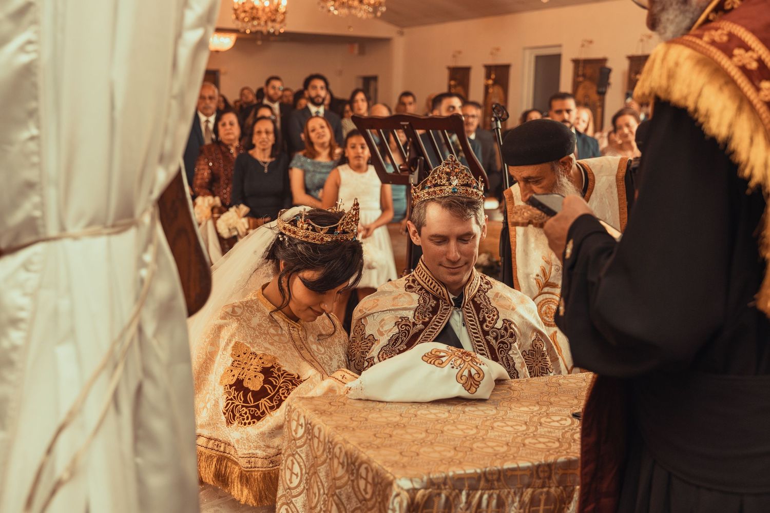 a bride and groom at their Coptic orthodox wedding ceremony