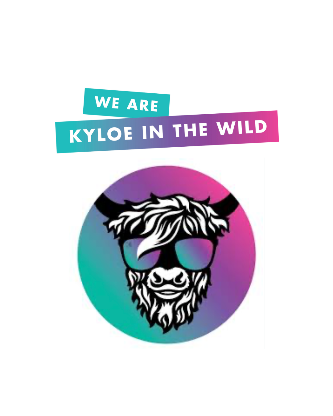 Kyloe in the Wild logo featuring stylized highland cow head with sunglasses on gradient background.