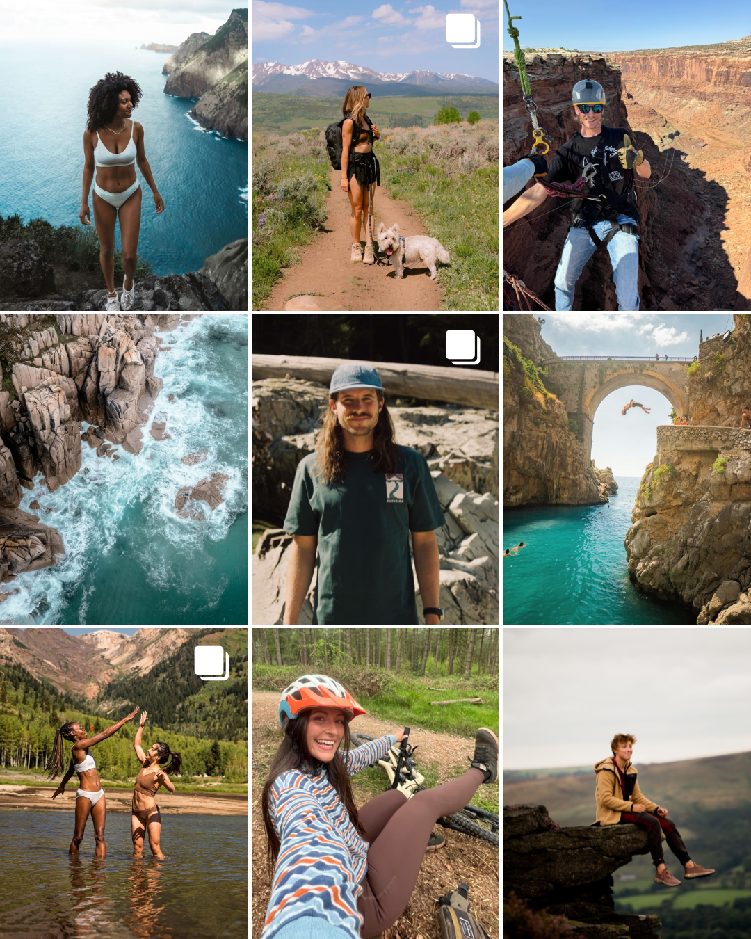 A collection of outdoor adventure photos showing hiking trails, cliff jumping, swimming spots, and scenic canyon views.