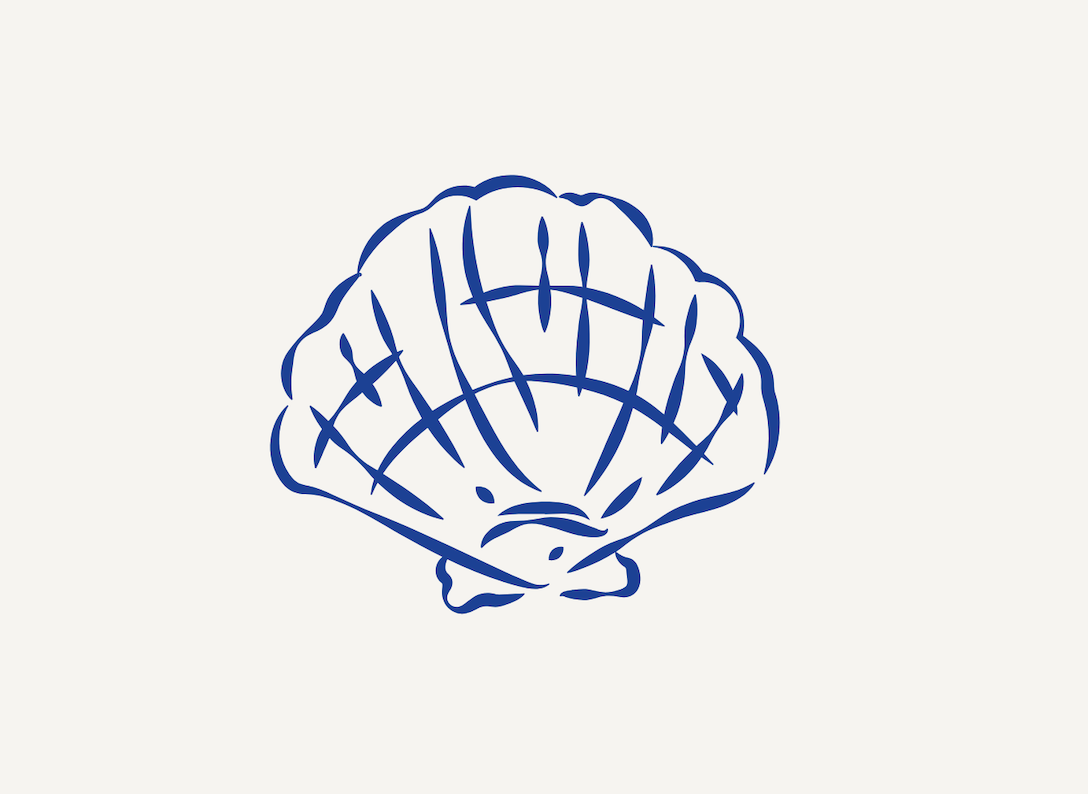 Simple blue line drawing illustration of a scallop seashell on a light cream background.