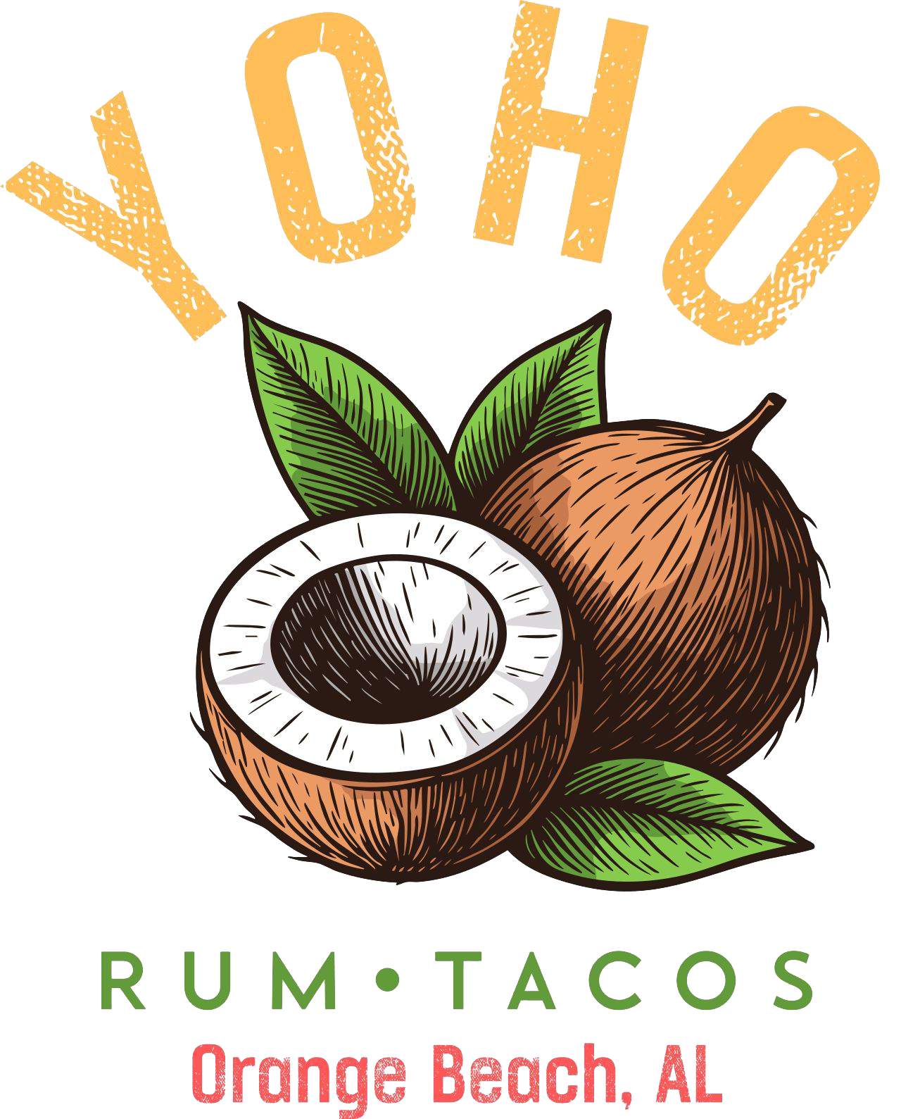 YOHO Rum and Tacos logo featuring illustrated coconuts with green leaves, located in Orange Beach, AL.