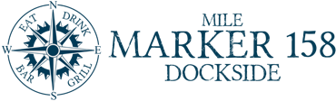 Mile Marker 158 Dockside restaurant logo featuring a nautical compass rose with Eat, Drink, Bar, Grill text.