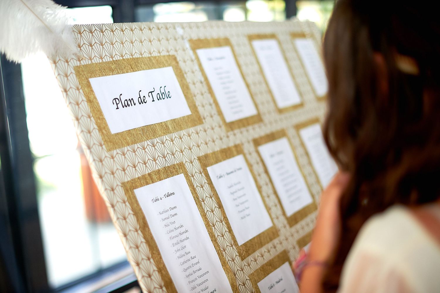 A wedding seating chart board displaying table assignments in French, decorated with elegant gold and white patterned paper.
