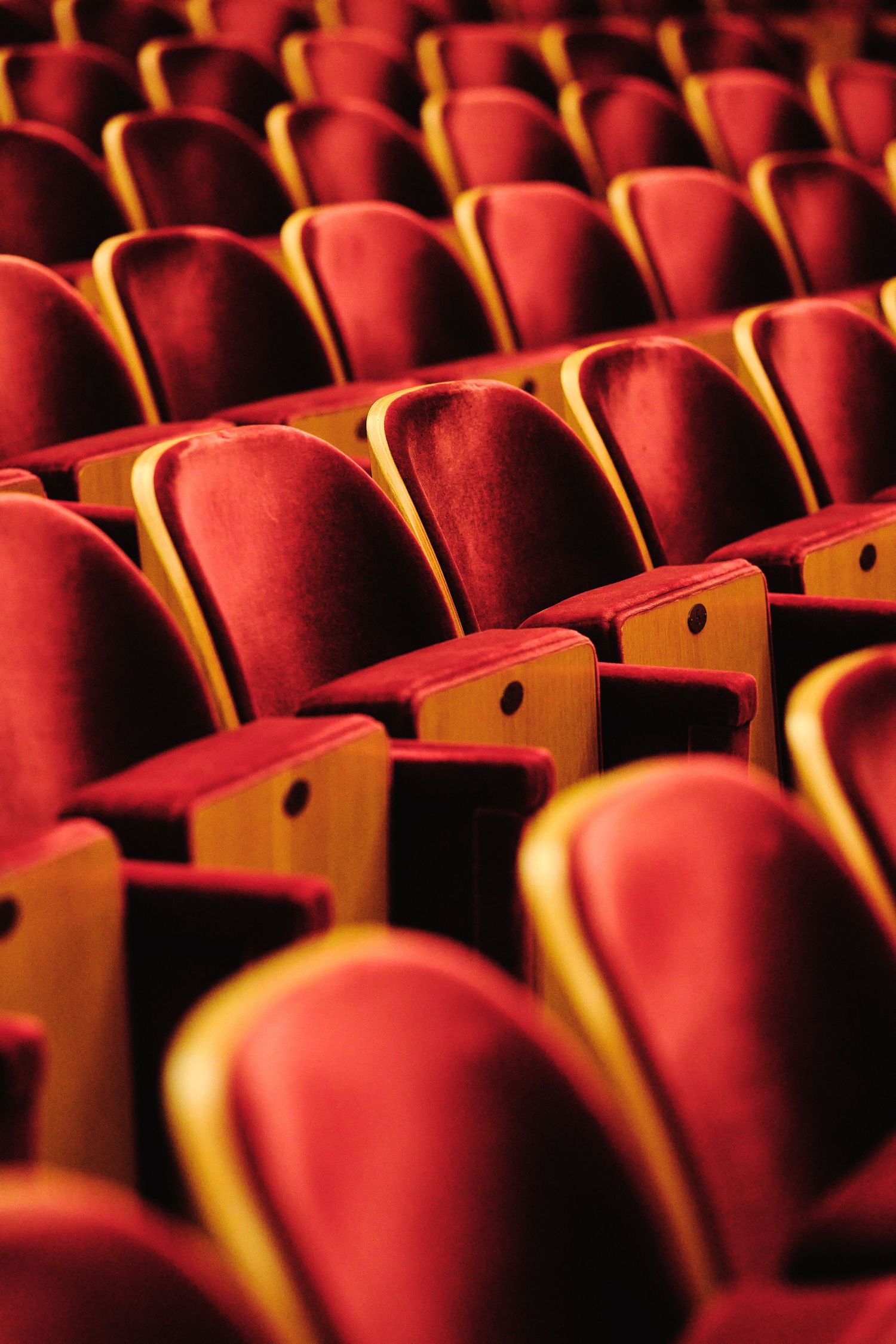 Rows of empty red theater seats in an auditorium.