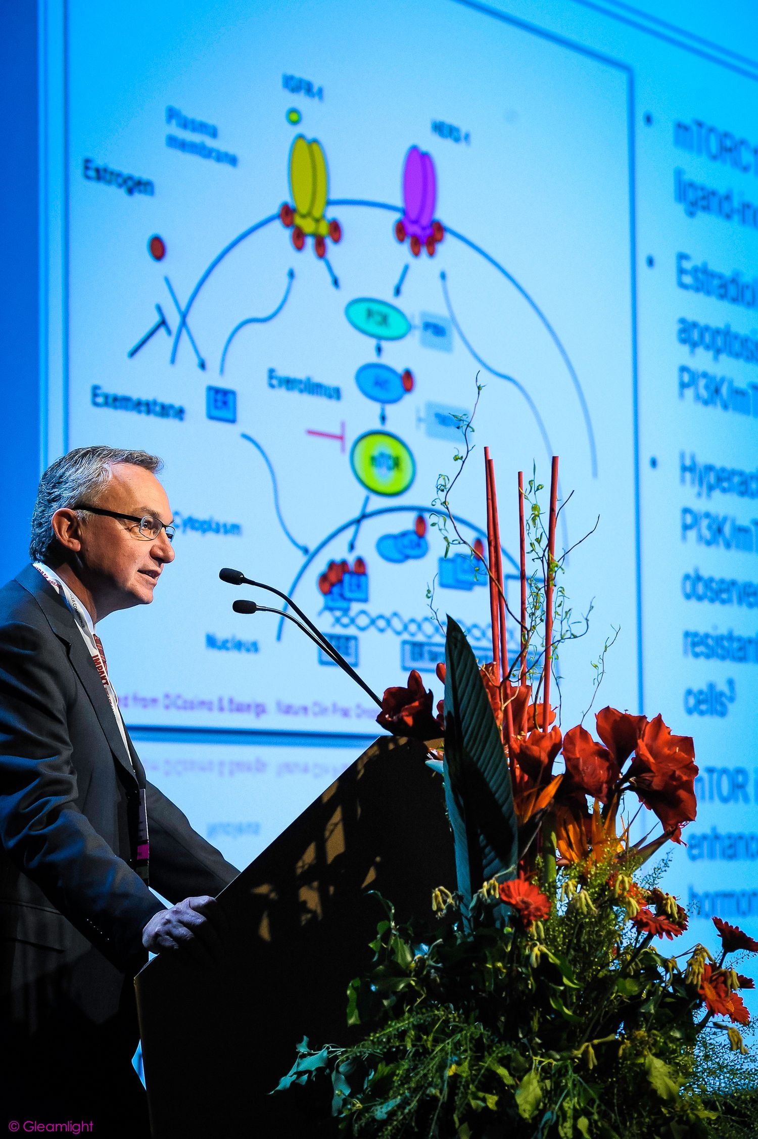 Speaker presenting scientific diagrams and molecular structures on large projection screens at conference.