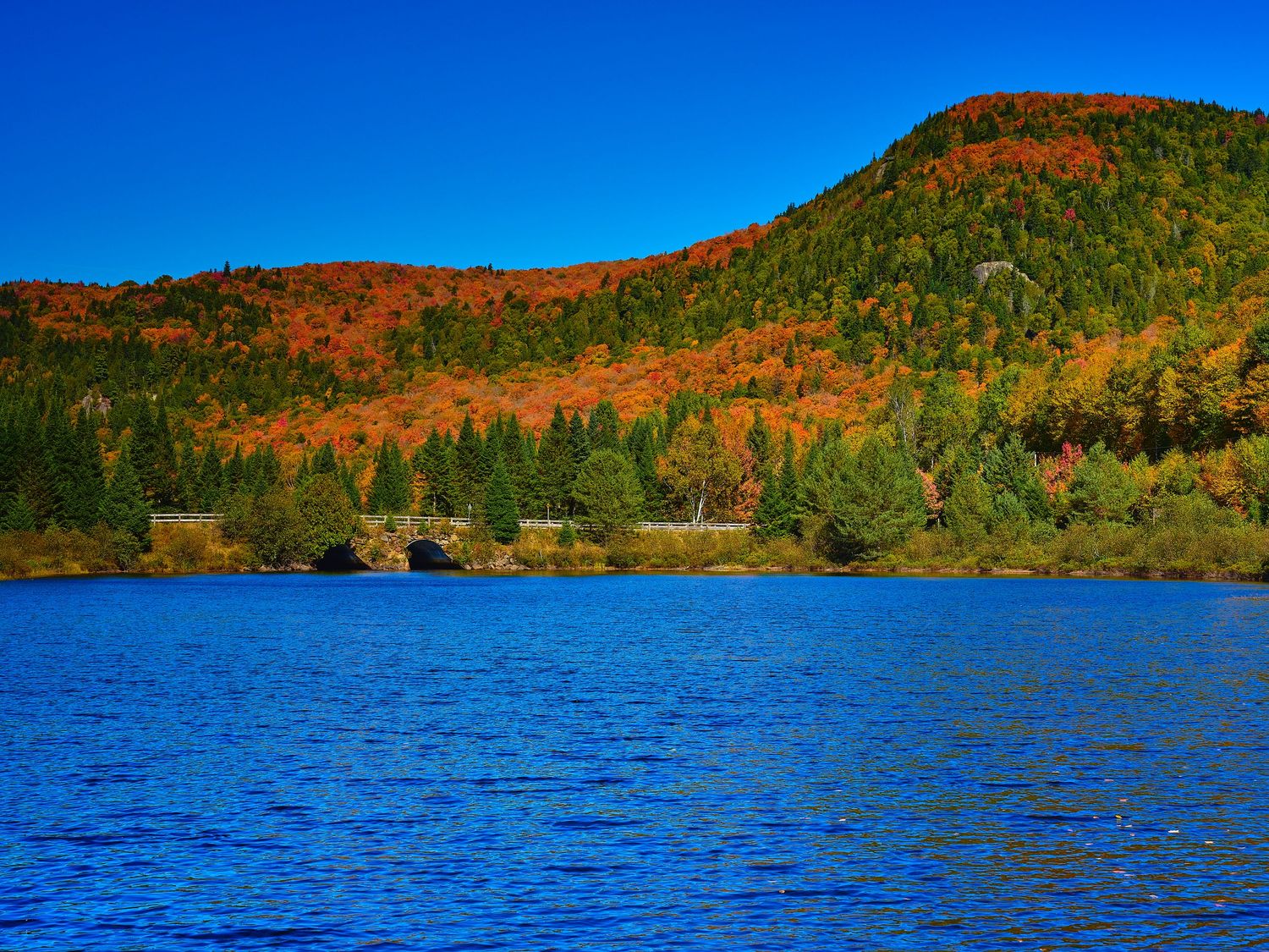 Panoramic view of a blue mountain lake surrounded by forested hills showing fall colors.