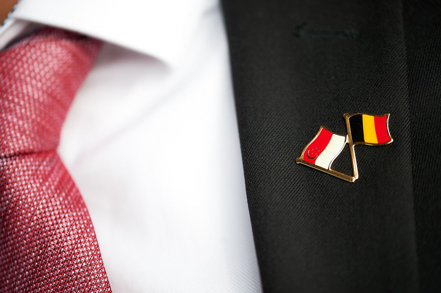 Close-up of lapel pins showing national flags on business attire.
