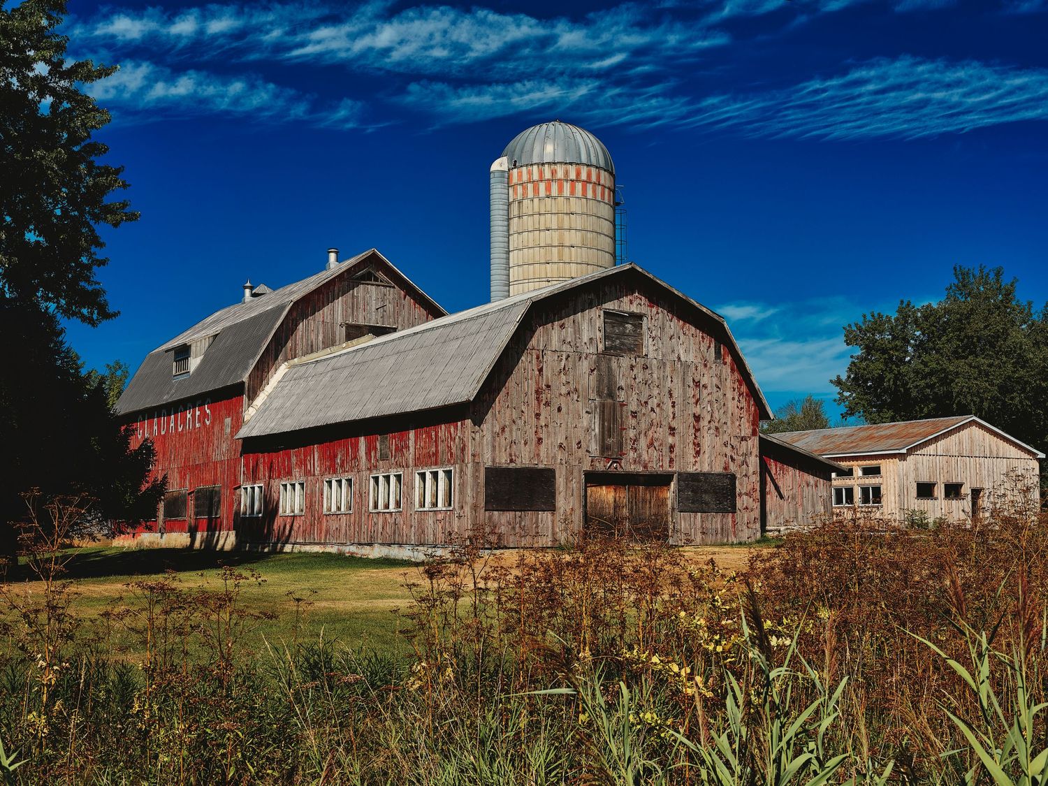 A panoramic view of red barns and silos against a vibrant blue sky on a sunny autumn day in rural farmland.