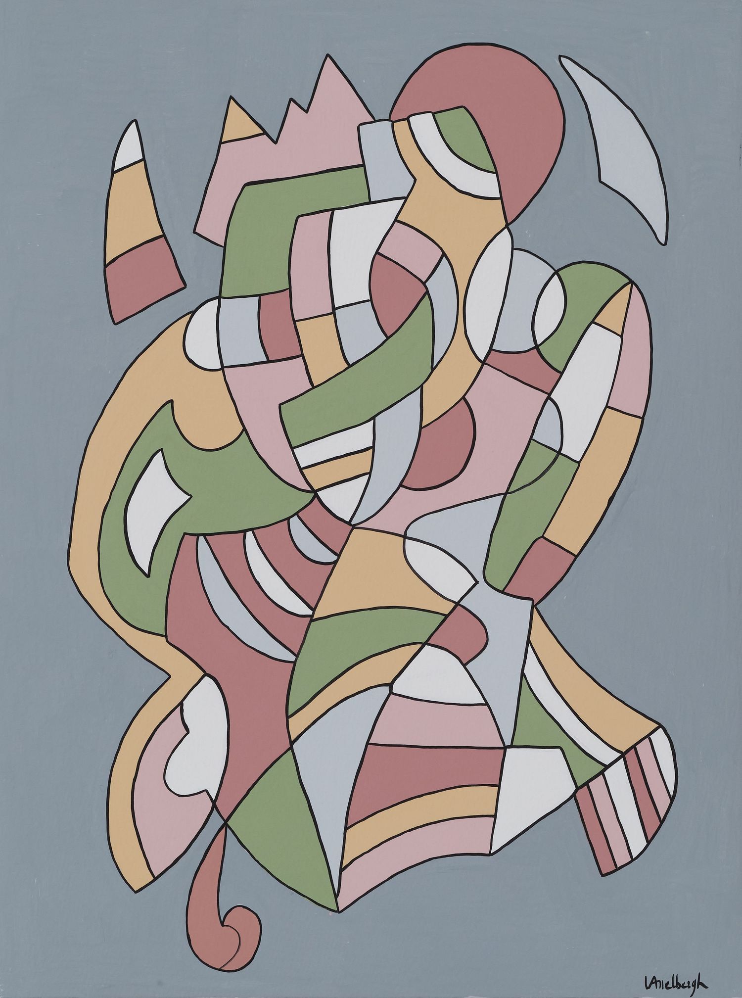 Abstract artwork with curved forms and geometric shapes in soft pink, green and beige tones.