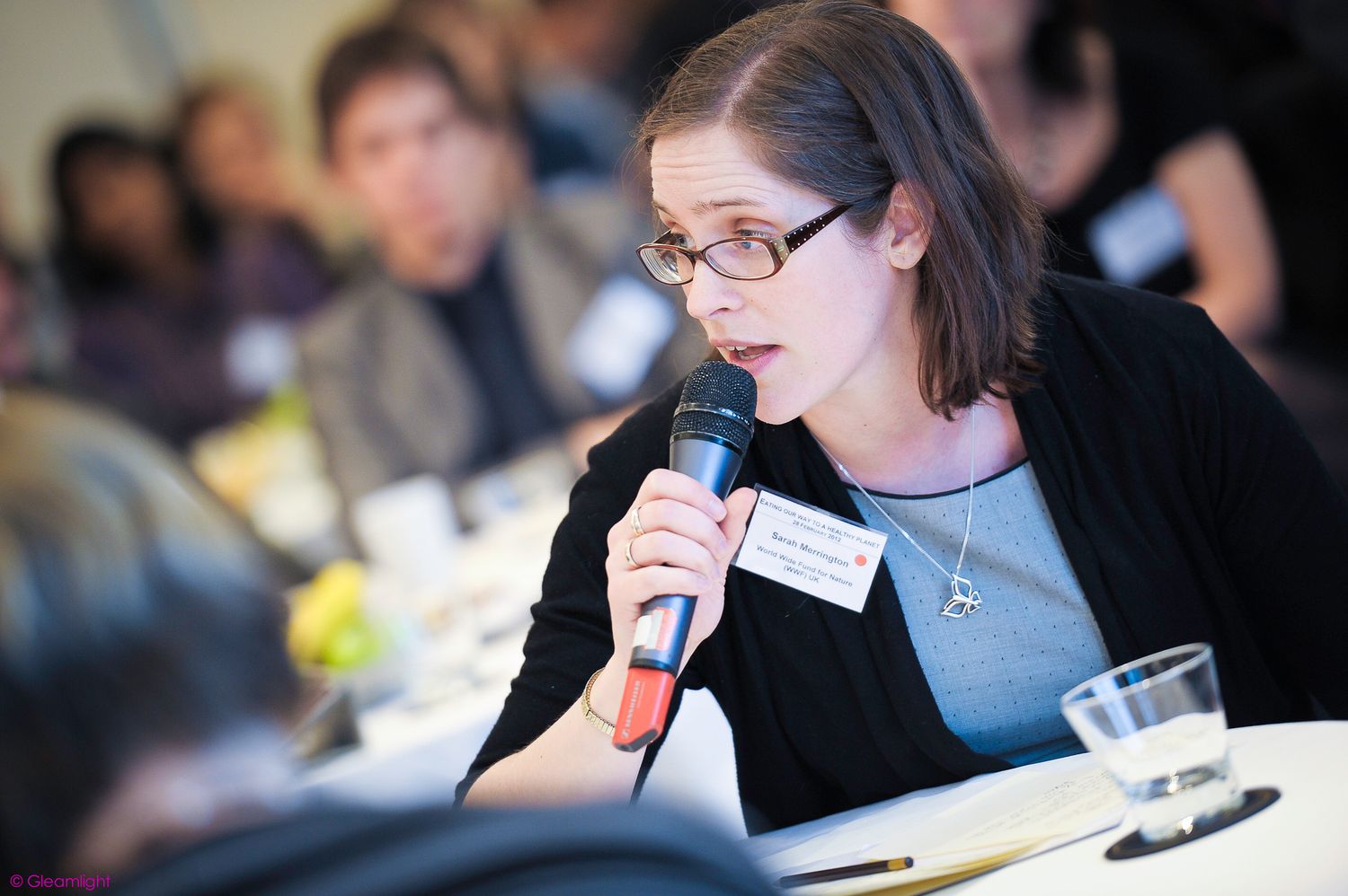 Conference participants engaged in discussion at meeting table.