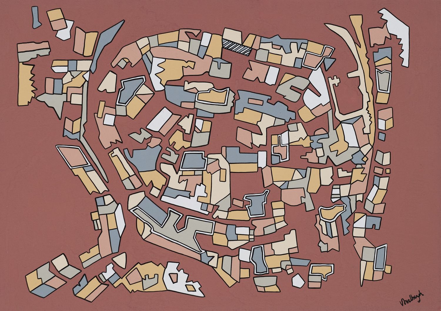 Abstract geometric pattern featuring interlocking shapes in muted colors on a brown background.