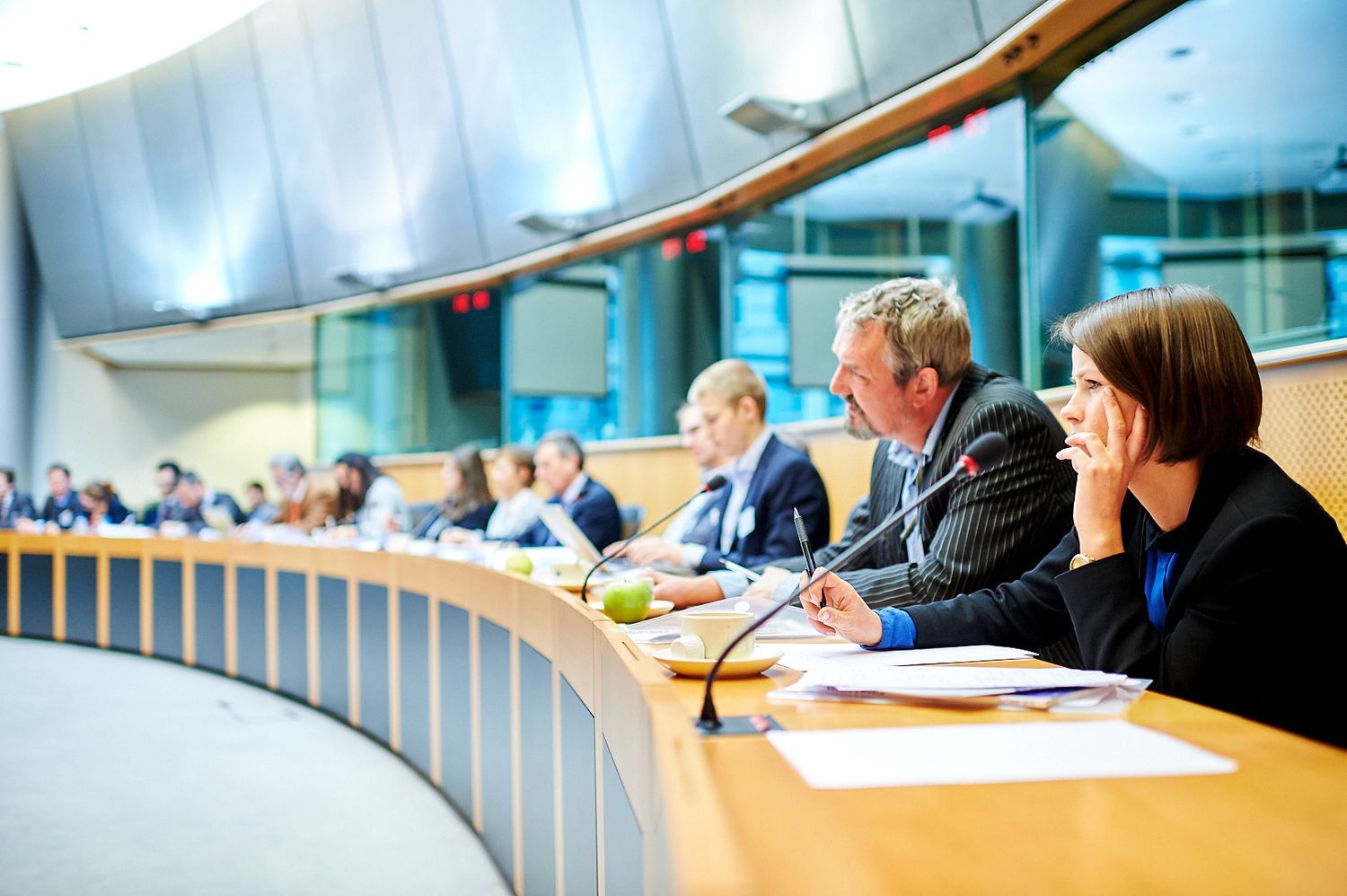 Conference room with attendees seated around a large meeting table.