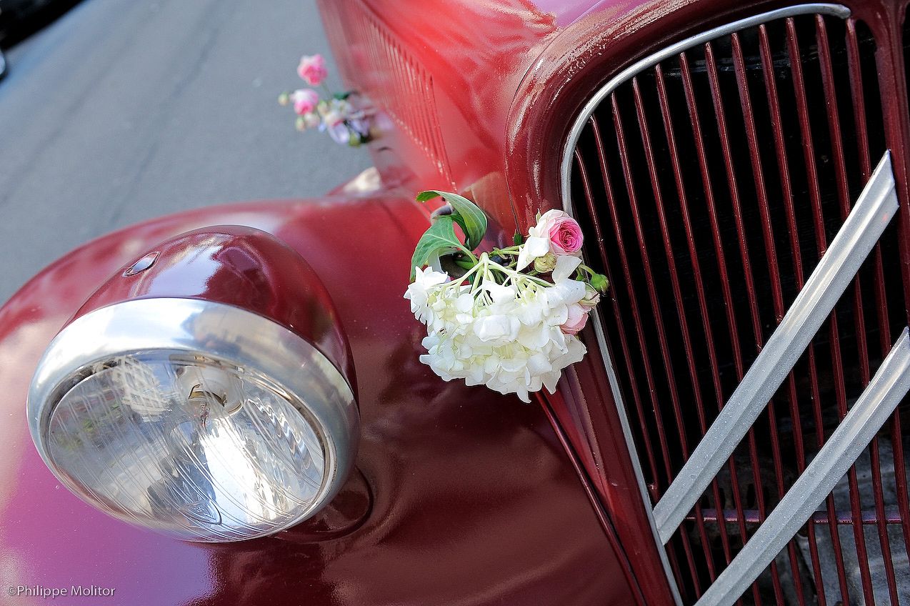 Vintage red classic car decorated with white hydrangea and pink roses bouquet for a wedding celebration.